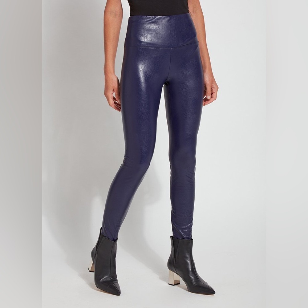 Navy Blue Faux Leather Leggings Fleece Lined High Waisted Rise Stretchy Large